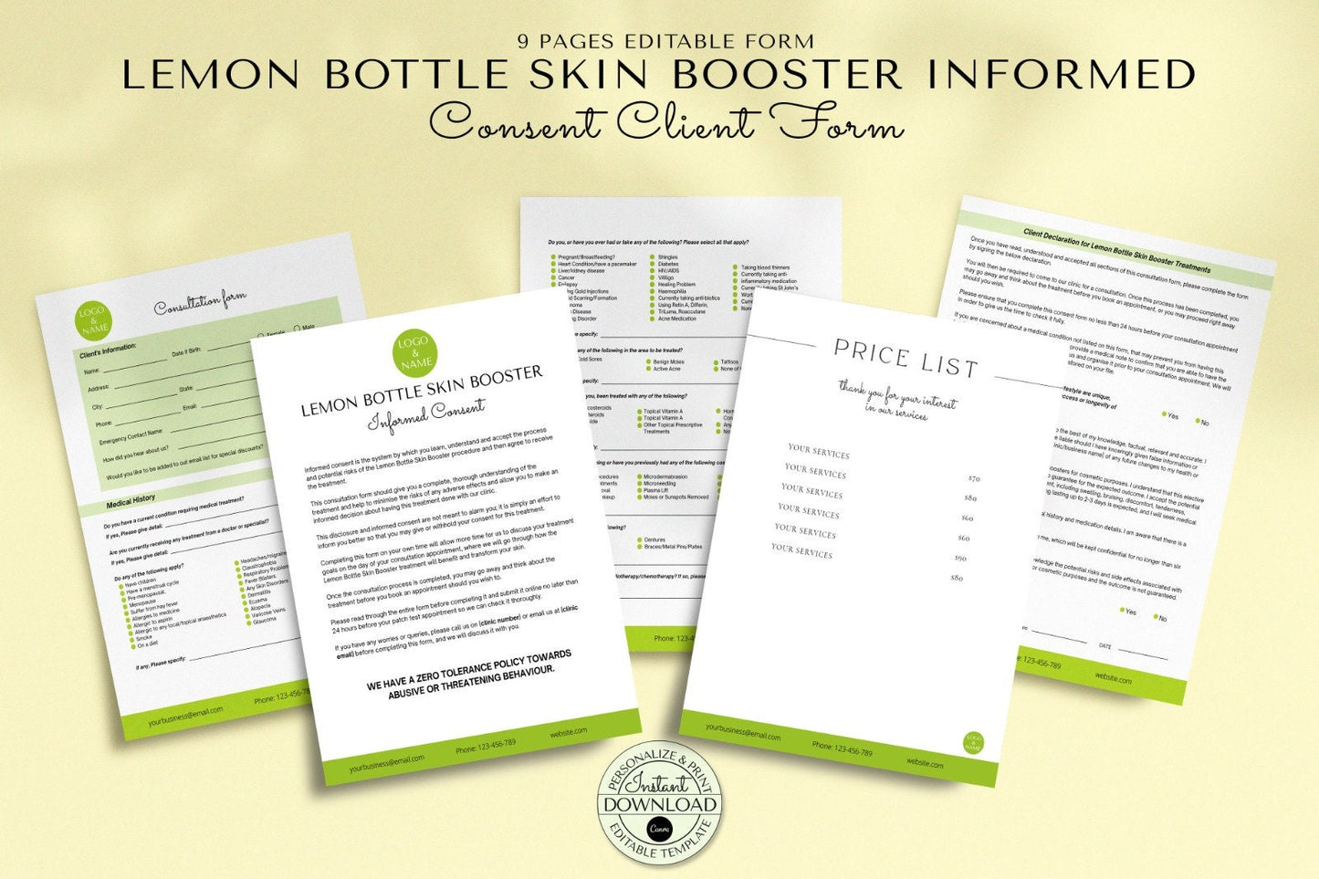 Editable Lemon Bottle Skin Boosters Consultation Forms, Customisable Mesotherapy Client Intake Forms, Informed Consent